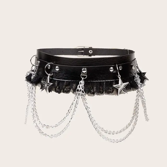Dark Chain Punk Belt Female Hip Hop Lace Patchwork Easy Matching Fashion With Dress Black - Shop at LoveMi