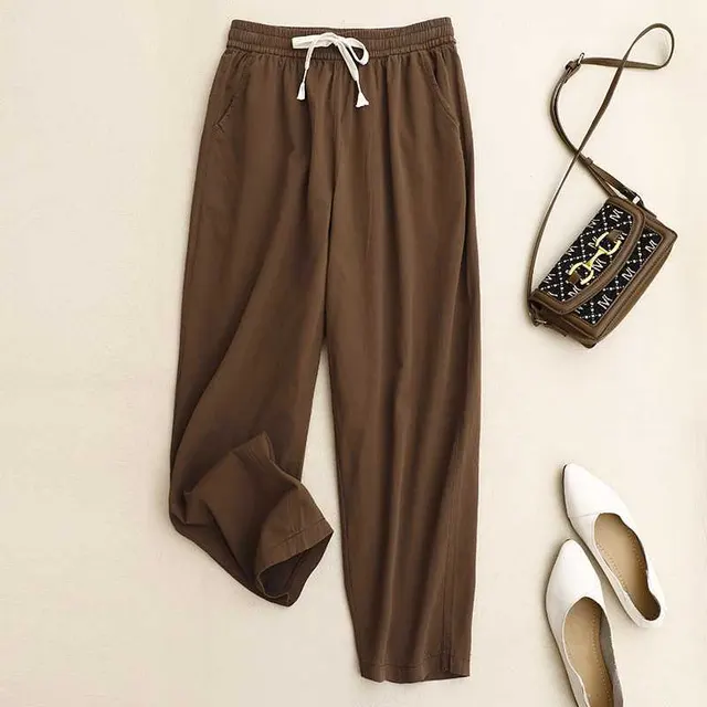 Pure Cotton Casual Pants Simple Tapered Cropped Pants Mid Waist Khaki - Shop at LoveMi