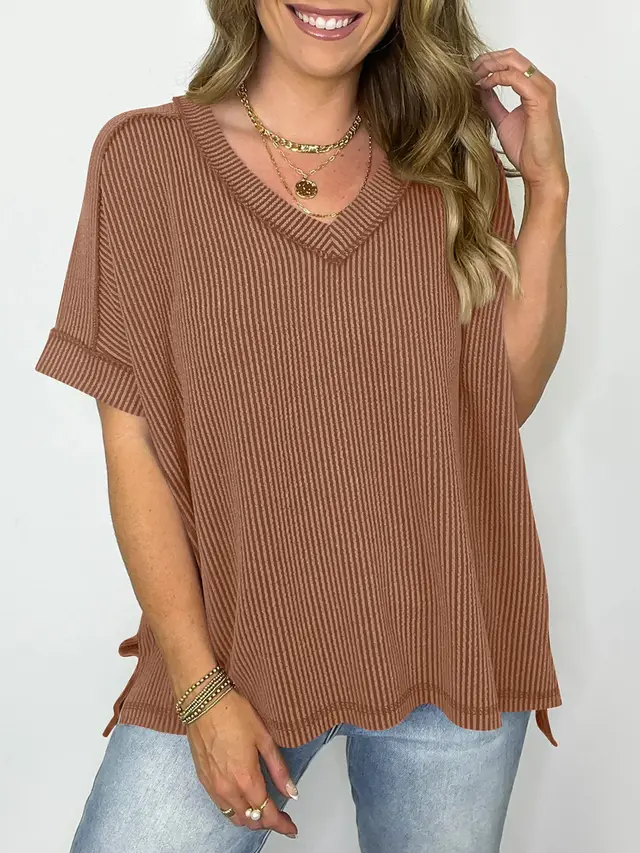 New Twist Strip V neck Pullover T shirt Brown - Shop at LoveMi