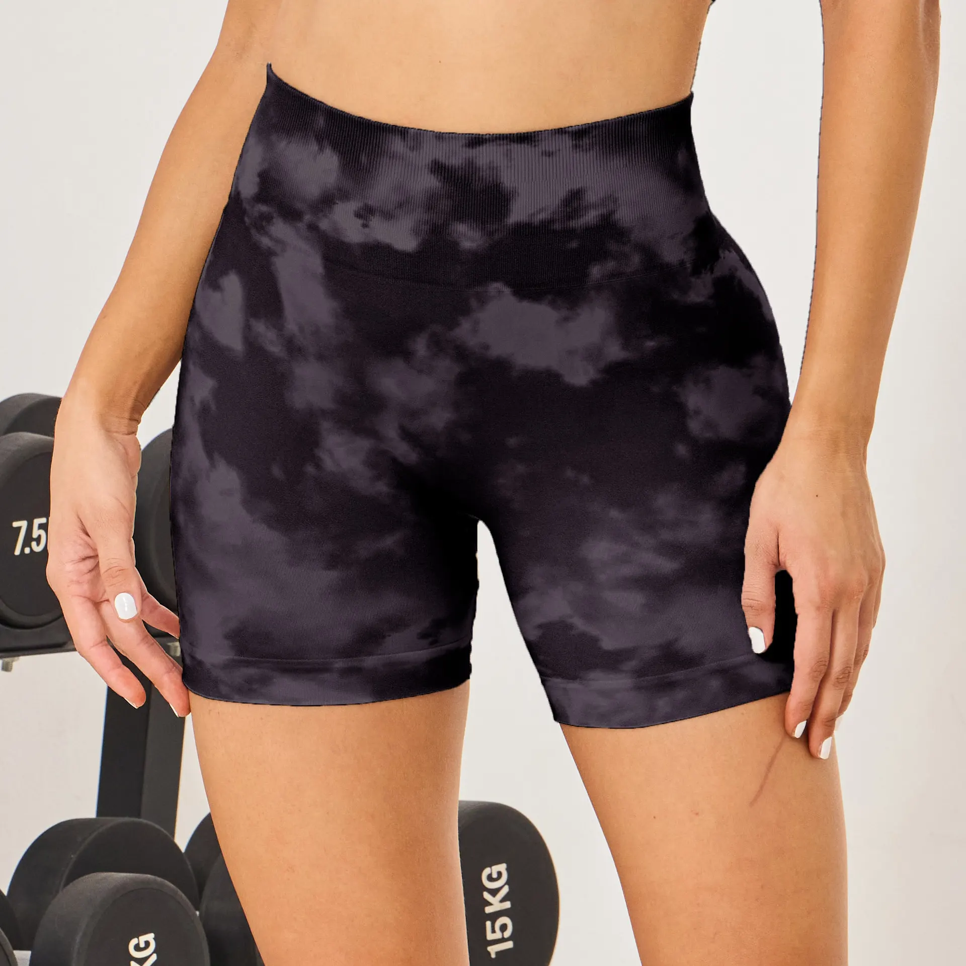 European And American Digital Printing Women's Fitness Seamless Bra Shorts Trousers - Black Shorts - View 1