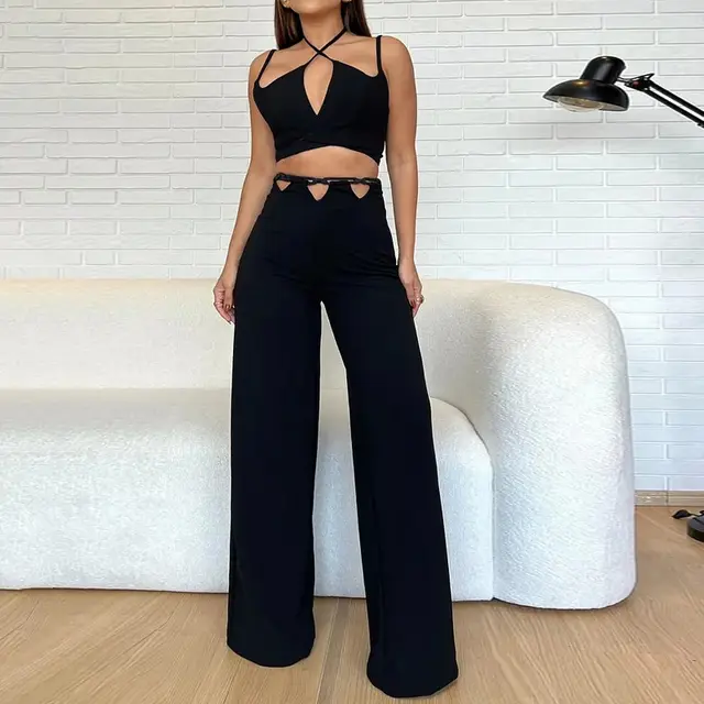 Pure Color Halter Bare Midriff High Waist Sexy Cutout Blouse And Pants Black - Shop at LoveMi