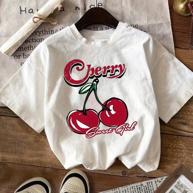 Women's Cherry And Letter Printed Casual T shirt White - Shop at LoveMi