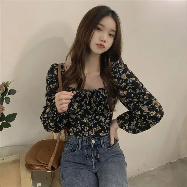 Women's Square Collar Floral Long sleeved Shirt Spring And Autumn Top Slim Fit Black - Shop at LoveMi