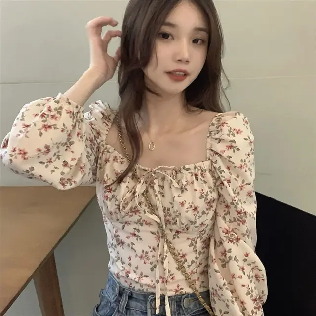 Women's Square Collar Floral Long sleeved Shirt Spring And Autumn Top Slim Fit White - Shop at LoveMi