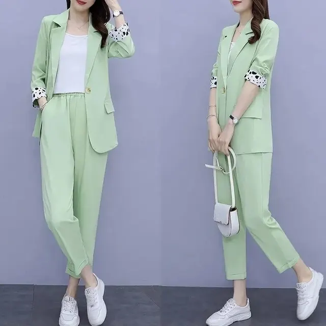 Flab Hiding Loose Temperament Slimming Coat Two piece Set Green Coat & Trousers - Shop at LoveMi