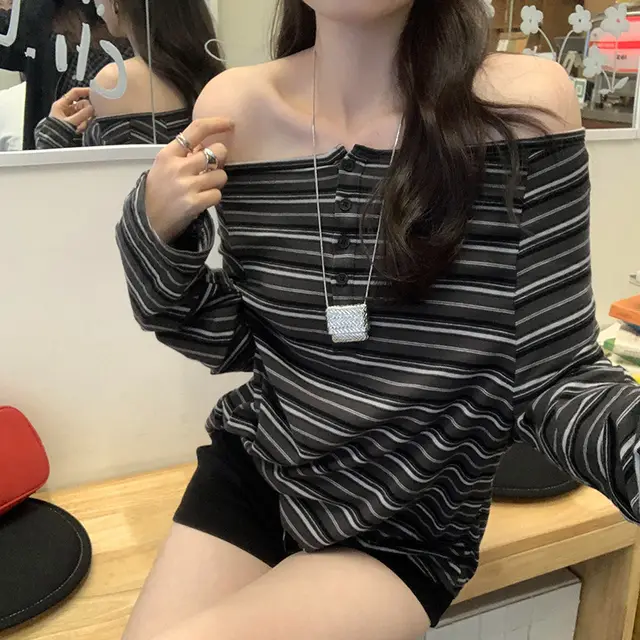 Off shoulder Loose fitting Striped Long Sleeves T shirt For Women Dark Gray - Shop at LoveMi