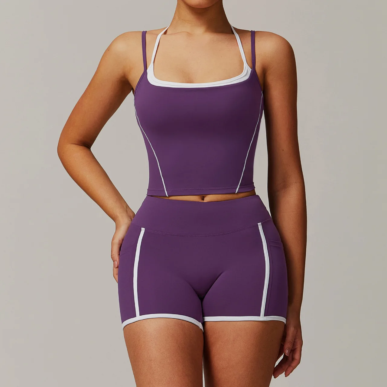 Casual All-match Fitness Fake Two-piece Halter Beauty Back Yoga Suit - Shorts Purple Suit