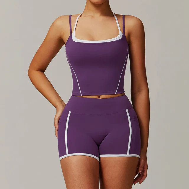 Casual All match Fitness Fake Two piece Halter Beauty Back Yoga Suit Shorts Purple Suit - Shop at LoveMi