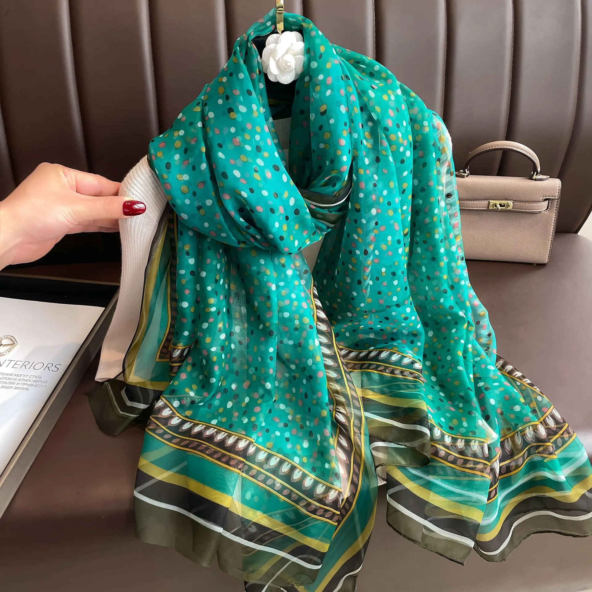 Thin Yourou Yarn Begonia Scarf Shawl - Color Green With Dots
