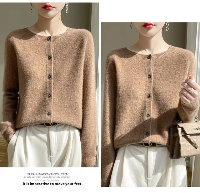 Round Neck Sweater Women's Simple All match Cashmere Knitted Cardigan Golden Camel - Shop at LoveMi