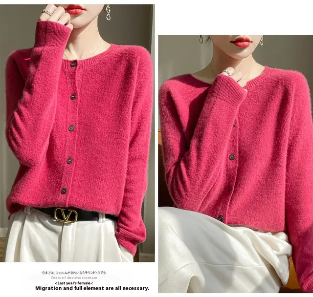 Round Neck Sweater Women's Simple All match Cashmere Knitted Cardigan Raspberry Color - Shop at LoveMi