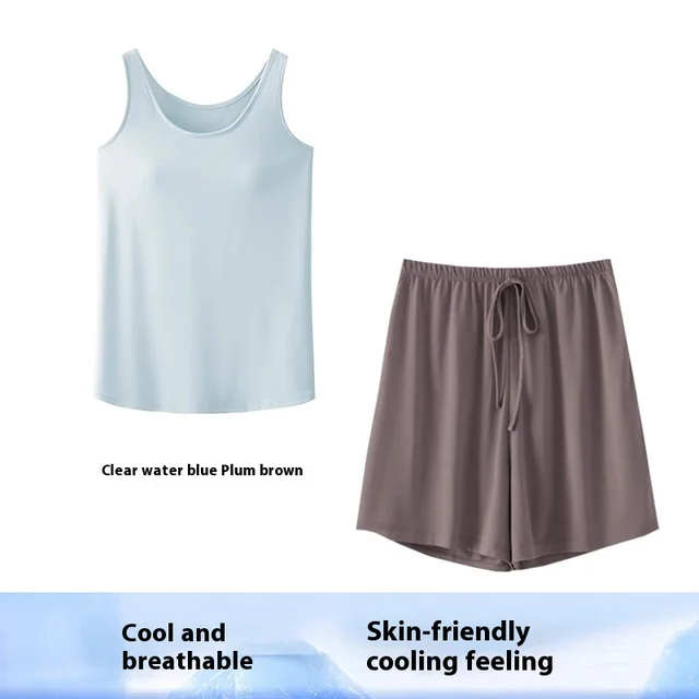 Pajamas Cool Short sleeved Homewear Suit Water Blue Brown - Shop at LoveMi