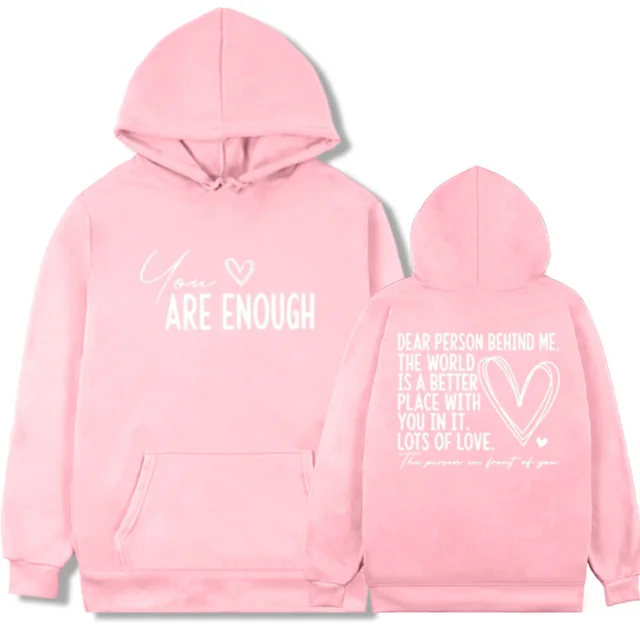 New YOU ARE ENOUGH Lettered Casual Hoodie Pink And White Logo - Shop at LoveMi