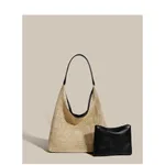 Retro Straw Woven Tote Bag Shoulder Large Capacity Beach Bag - Black