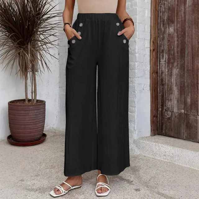 Women's Casual Pants Elastic High Waist Loose Solid Color Wide leg Pants Black - Shop at LoveMi