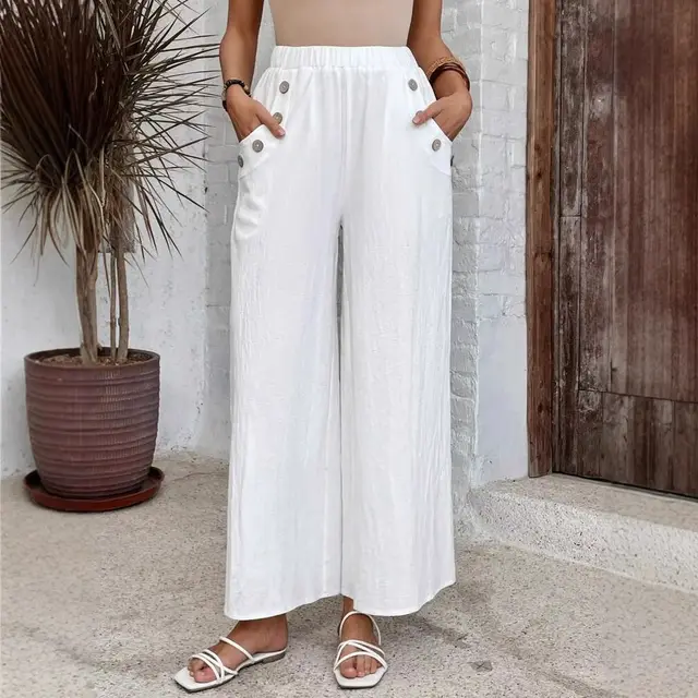 Women's Casual Pants Elastic High Waist Loose Solid Color Wide leg Pants White - Shop at LoveMi