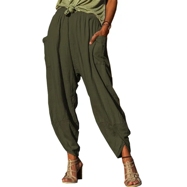 Women's Casual Bloomers Loose Cotton And Linen Trousers Army Green - Shop at LoveMi