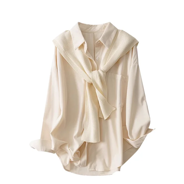 Large Size Premium And Age Reducing Knitted Shawl Shirt Off White - Shop at LoveMi