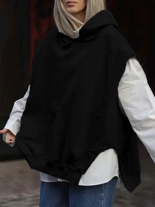 Women's Solid Color Style Loose Sleeveless Hooded Jacket Sweater Black - Shop at LoveMi