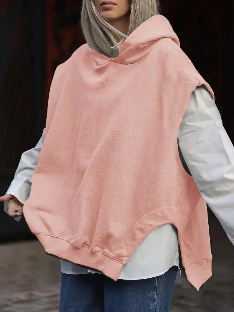 Women's Solid Color Style Loose Sleeveless Hooded Jacket Sweater - Pink - View 1