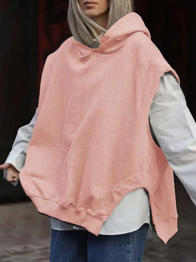 Women's Solid Color Style Loose Sleeveless Hooded Jacket Sweater Pink - Shop at LoveMi