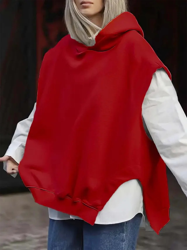 Women's Solid Color Style Loose Sleeveless Hooded Jacket Sweater Red - Shop at LoveMi