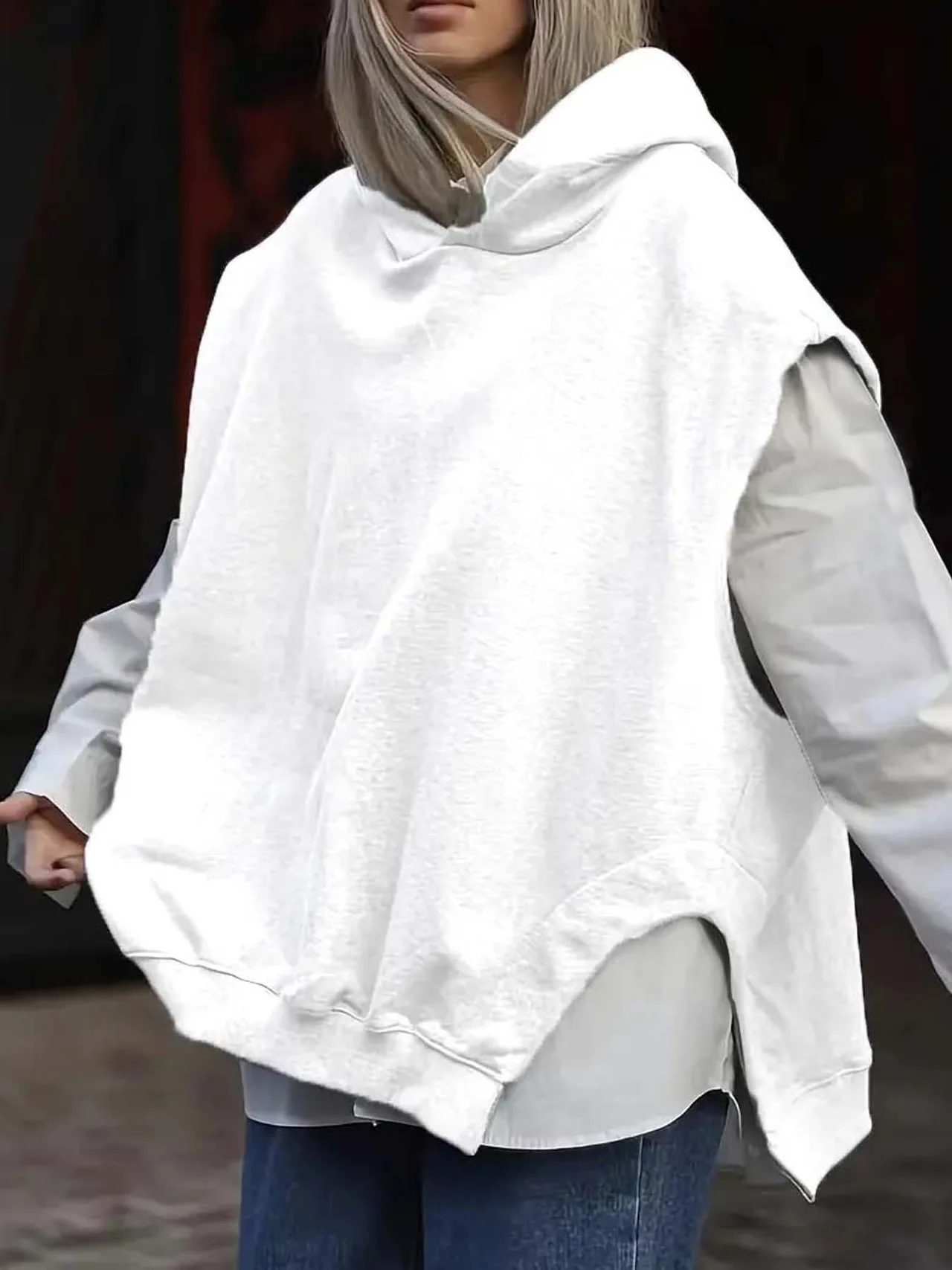 Women's Solid Color Style Loose Sleeveless Hooded Jacket Sweater - White