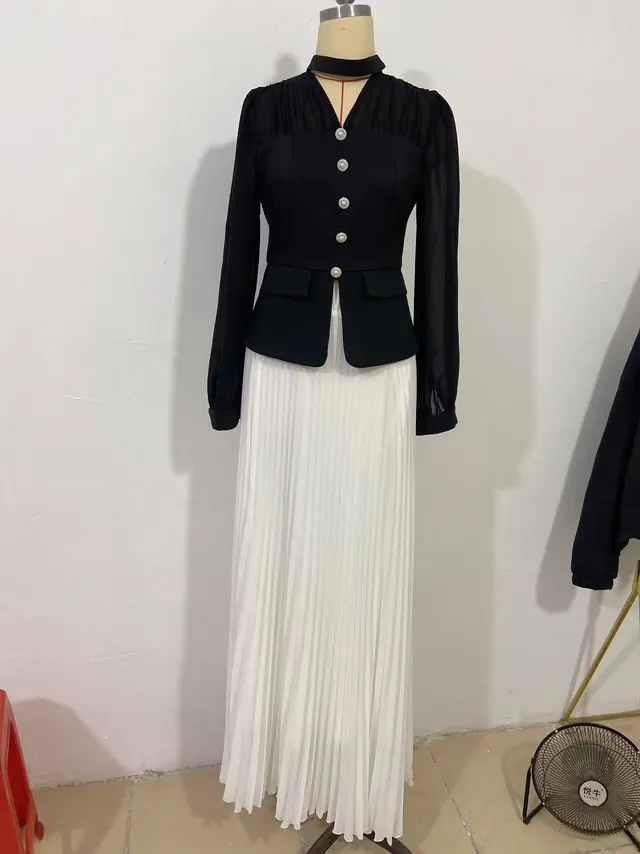 Pleated Suit Button Mesh Stitching Long Dress Gift Set White - Shop at LoveMi