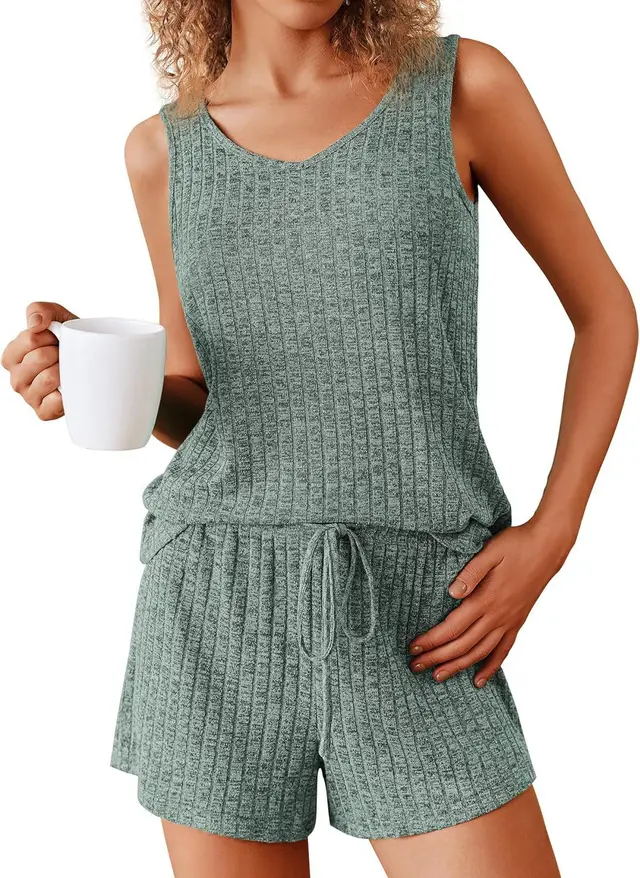 Rib Knitted Homewear Pajamas Suit Women Army Green - Shop at LoveMi