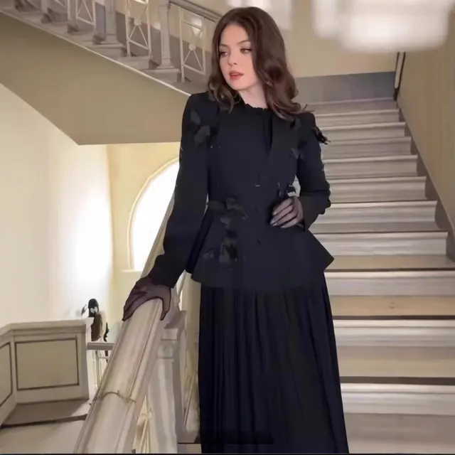 Black Butterfly Coat Pleated Dress Suit Black - Shop at LoveMi