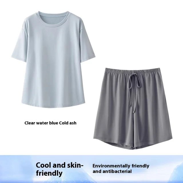 Women's Home Bamboo Fiber Slit T shirt Shorts Pajama Set Blue And Gray Top Shorts - Shop at LoveMi