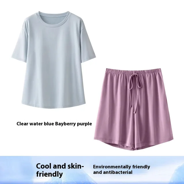 Women's Home Bamboo Fiber Slit T shirt Shorts Pajama Set Blue Purple Top Shorts - Shop at LoveMi