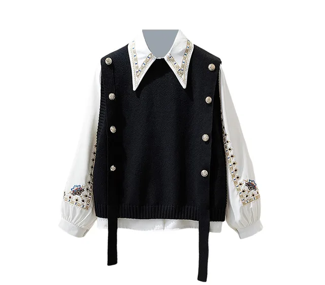 Knitted Vest Shirt Two piece Set Black Vest Shirt - Shop at LoveMi