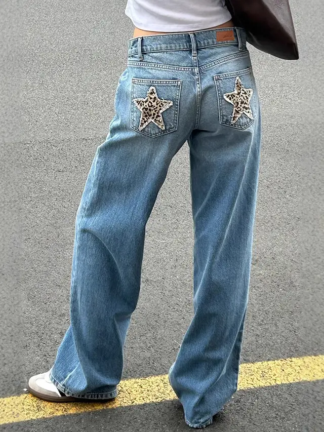 Retro Street Leopard Print XINGX Patchwork Stitching Straight Jeans Washed Blue - Shop at LoveMi