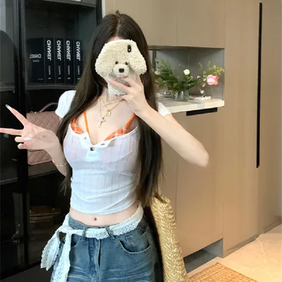 Women's Plaid Thin Short sleeved T shirt Top Orange Plaid With Chest Pad - Shop at LoveMi