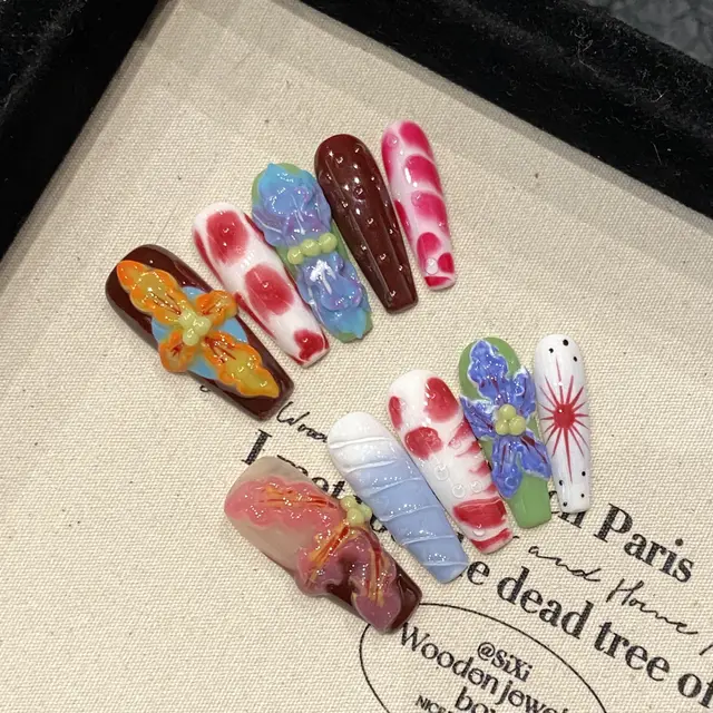 Dopamine Three dimensional Carved Handmade Wear Nail Flower Gradient Long Medium M - Shop at LoveMi