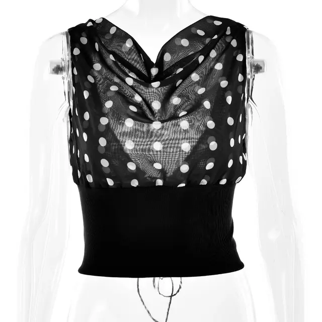 Polka Dots Print Oblique Shoulder Tops Summer Patchwork Chiffon Crop Top Women Sexy Sleeveless Lace Up Backless Blouse Casual Streetwear Tee Black - Shop at LoveMi