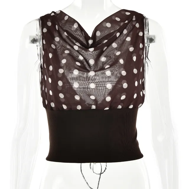 Polka Dots Print Oblique Shoulder Tops Summer Patchwork Chiffon Crop Top Women Sexy Sleeveless Lace Up Backless Blouse Casual Streetwear Tee Brown - Shop at LoveMi