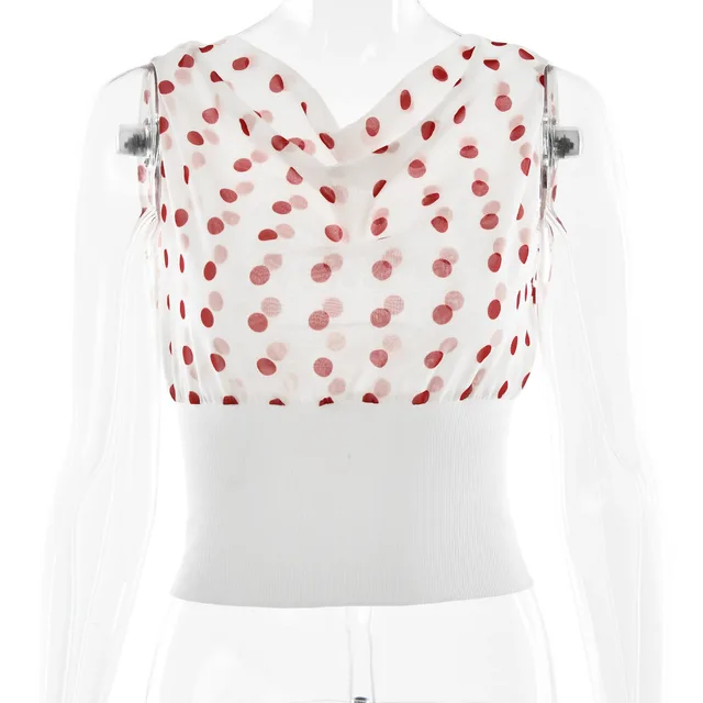 Polka Dots Print Oblique Shoulder Tops Summer Patchwork Chiffon Crop Top Women Sexy Sleeveless Lace Up Backless Blouse Casual Streetwear Tee White - Shop at LoveMi