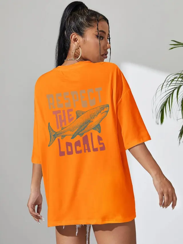 Respect The Locals Shark Tshirts Women Street Hip Hop Clothe Orange - Shop at LoveMi