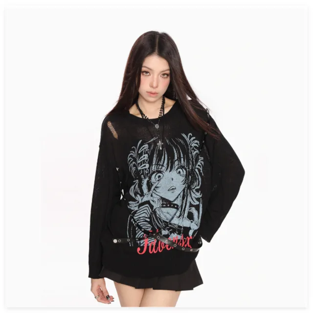 Ladies' Spring And Autumn Look Thin Loose Printed Knitted Sweater Hoodie Top Black - Shop at LoveMi