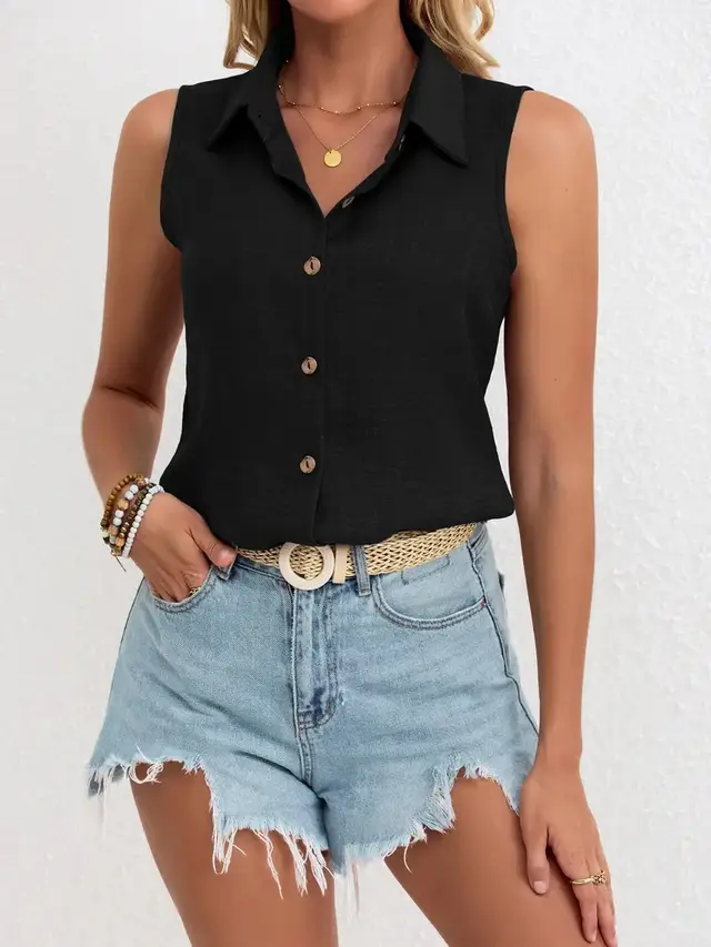 Solid Color Single breasted Lapel Shirt Cotton And Linen Sleeveless Loose Top Black - Shop at LoveMi