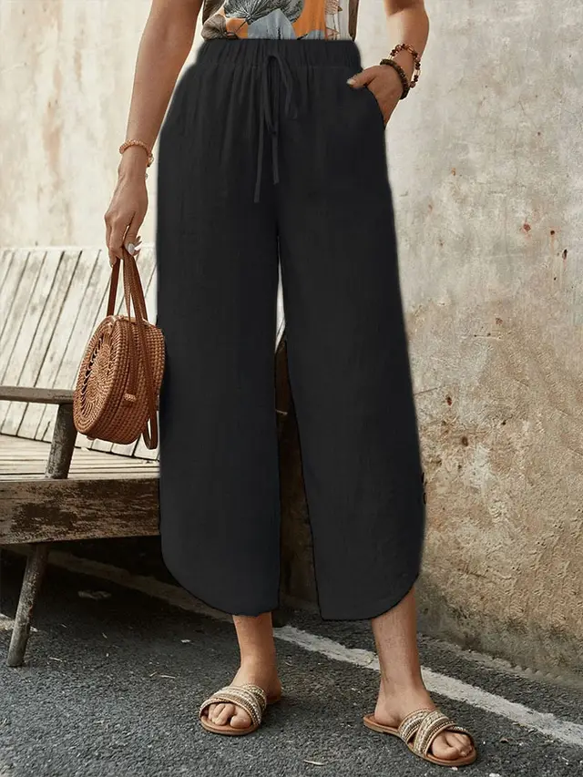 Cotton And Linen Drawstring Cropped Loose Pockets Casual Pants Black - Shop at LoveMi