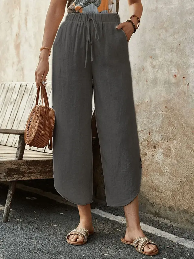 Cotton And Linen Drawstring Cropped Loose Pockets Casual Pants Dark Gray - Shop at LoveMi