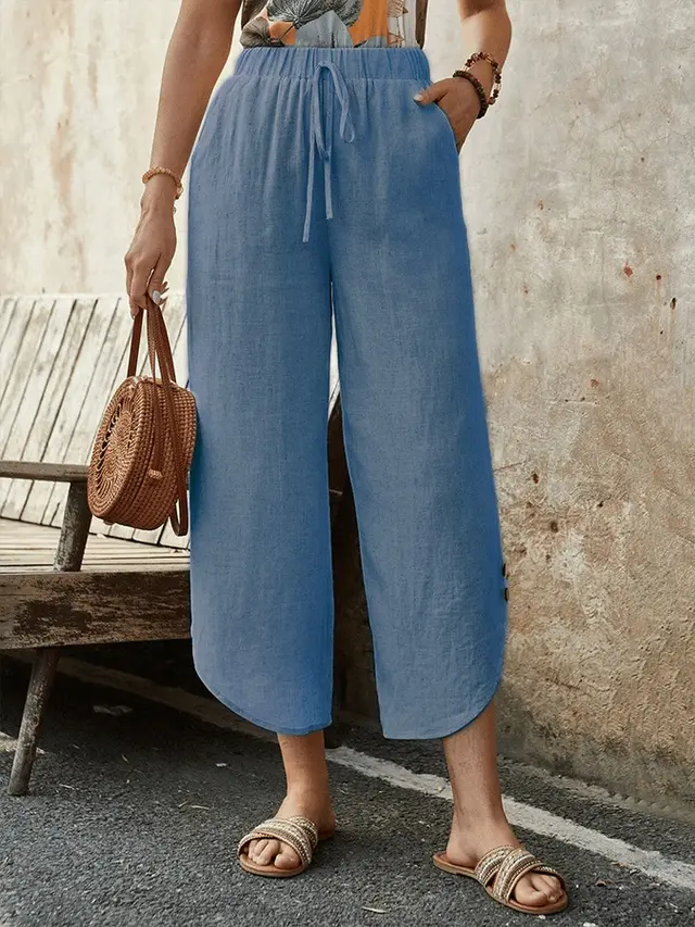 Cotton And Linen Drawstring Cropped Loose Pockets Casual Pants Denim Blue - Shop at LoveMi
