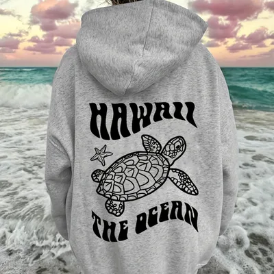 Comfortable Suede Hoodie Turtle And Starfish Pattern Sweater Grey - Shop at LoveMi