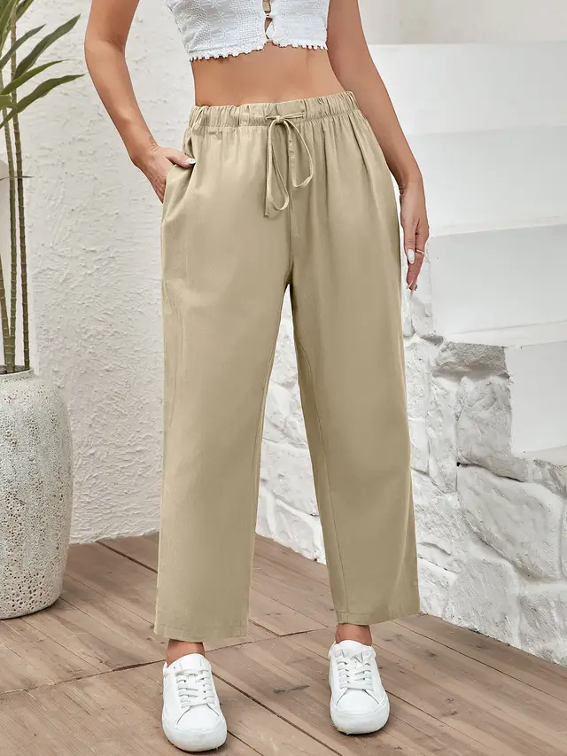 Women's Drawstring Elastic Cotton And Linen Casual Cropped Pants Beige - Shop at LoveMi