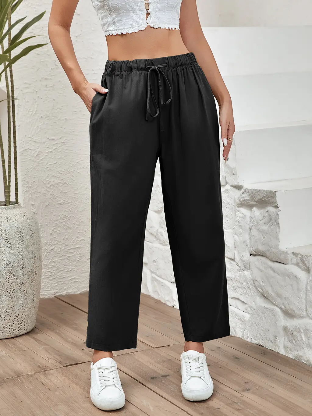 Women's Drawstring Elastic Cotton And Linen Casual Cropped Pants - Black