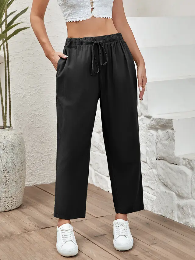 Women's Drawstring Elastic Cotton And Linen Casual Cropped Pants Black - Shop at LoveMi
