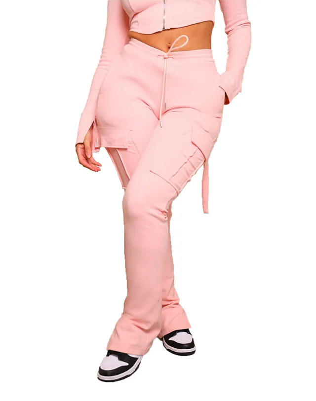 Women's Casual Tight Sportswear Multi pocket Top Pants Suit Pink Pants - Shop at LoveMi